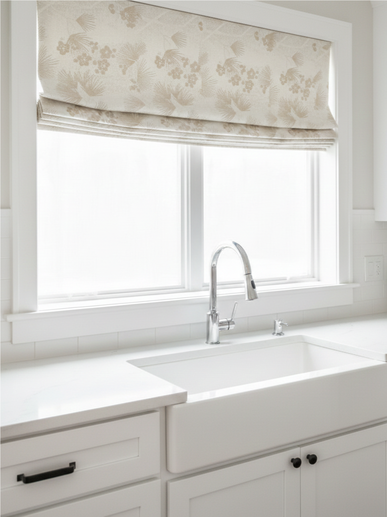 Embroidered Antique Pearl Fern Beige Roman Shade