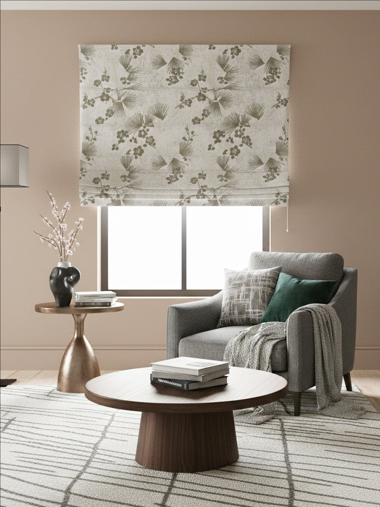 Embroidered Antique Grey Fern Sliver Roman Shade