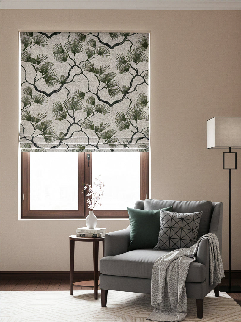 Embroidered Antique Moss Green Fern Roman Shade