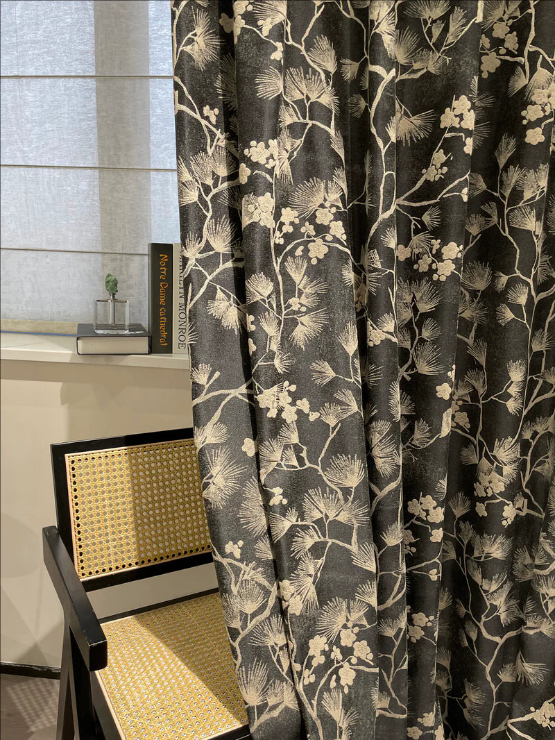 Embroidered Antique Tan Black Fern Beige Drape