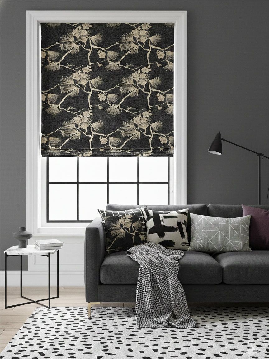 Embroidered Antique Tan Black Fern Beige Roman Shade