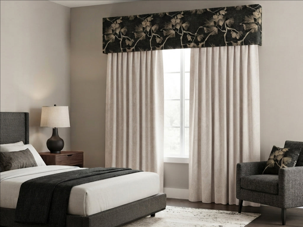 Embroidered Antique Tan Black Fern Beige Valance