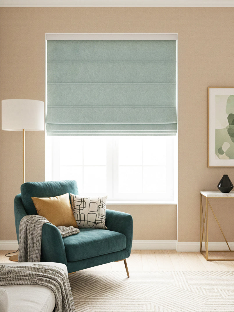 Velvet Green Grey Leaves Roman Shade