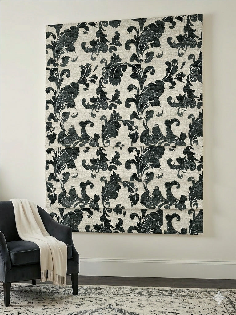 Floral Swirls Black Roman Shade