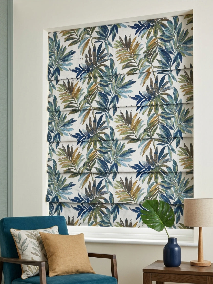 Leaves Blue Jacquard Roman Shade